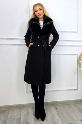 Palton elegant de dama MABELL, cu blana si inchidere cu butoni aurii, Negru