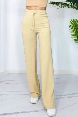 Pantaloni casual Dari, evazati, cu banda elastica si snur in talie, Galben deschis3