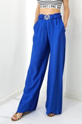 Pantaloni casual DIAFAN, croi lejer wide leg si curea decorativa, Albastru, Marime S/M/L 5