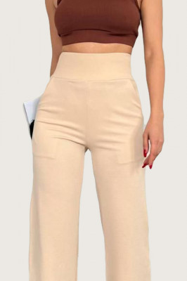 Pantaloni casual Geny, cu banda elastica in talie si croiala usor evazata, Crem1