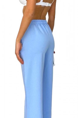 Pantaloni casual HIKE Glow, cu aplicatii tip strasuri si snur in talie, Albastru baby blue spate