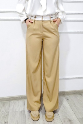 Pantaloni casual Kimchi, croiala larga si banda contrastanta, doua nuante, Bej, Marime S/M