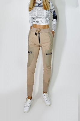 Pantaloni casual Miraj, cu bumbac, fermoare contrastante si decupaje din piele ecologica, Bej