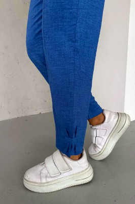 Pantaloni cu in Darys, croiala casual si detaliu plisat la baza piciorului, Albastru 2
