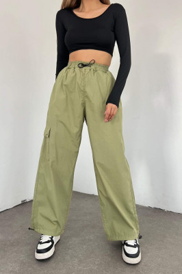 Pantaloni dama Force One, croiala cargo, oversize, cu snur reglabil in talie si la baza piciorului, Vernil1
