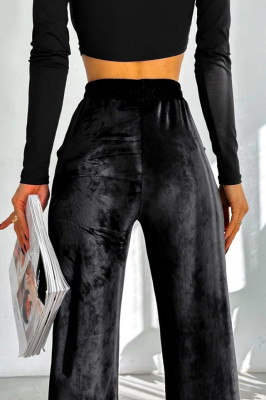 Pantaloni de catifea Touch, croiala lejera cu dunga pe picior, Negru 4