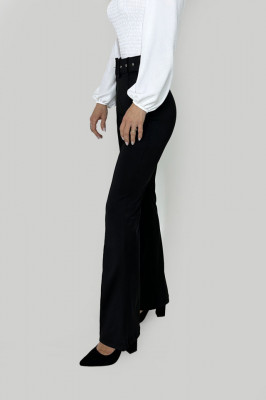 Pantaloni eleganti, Matty, cu nervura pe mijlocul piciorului, croiala evazata si curea asortata, Negru2