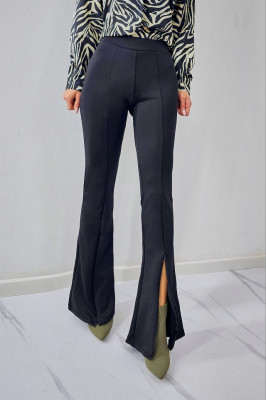 Pantaloni evazati Elan, cu fermoar pe crac si banda elastica in talie, Negru 2