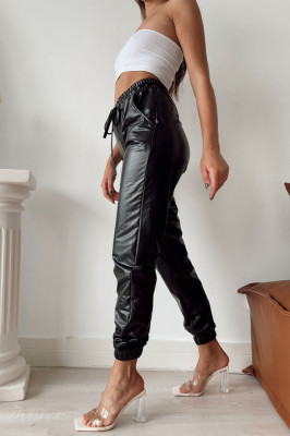 Pantaloni Jezebel, din piele ecologica, cu talie inalta si snur, Negru1