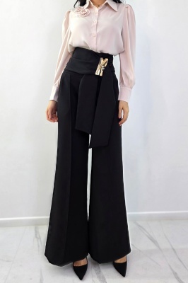 pantaloni palazzo eleganti cu esarfa decorativa laterala