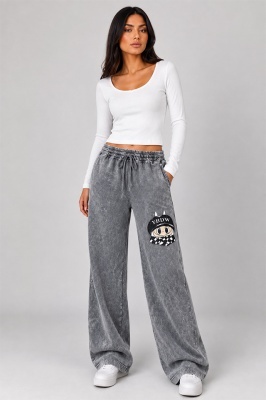 Pantaloni lungi cu aspect catifea Valentinea, cu imprimeu si banda elastica, Gri