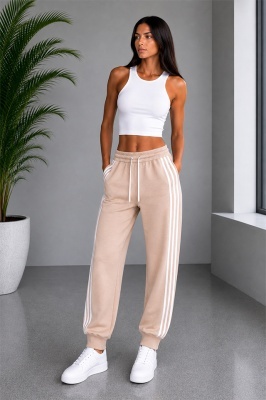Pantaloni lungi de damă ZINNIA, cu benzi laterale si snur, CREM