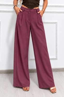 Pantaloni damă cu inserție laterală decorată cu cristale, magenta