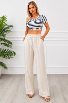 Pantaloni lungi, texturati Marietta, cu snur in talie, CREM