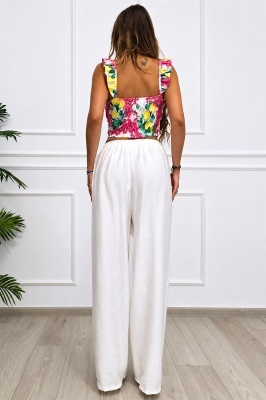 Pantaloni palazzo Nayana, cu banda elastica si cordon, ALB, Marime S/M/L detaliu spate