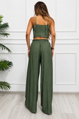 Pantaloni palazzo Nayana, cu banda elastica si cordon, Verde inchis, Marime S/M/L detaliu spate