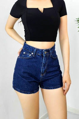 Pantaloni scurti de blugi Soled, croiala mom slimfit si buzunare practice, Albastru denim2