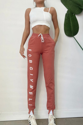 Pantaloni sport FOB, din bumbac, mansete elastice cu taieturi stilizate la extremitati, Roz