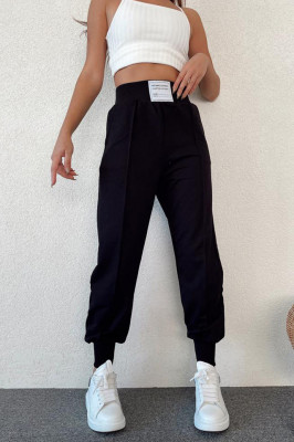 Pantaloni sport Janina, din bumbac, cu talie inalta si mansete elastice, Negru