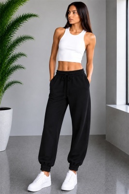 Pantaloni sport Lorenza, cu snur si mansete elastice, Negru
