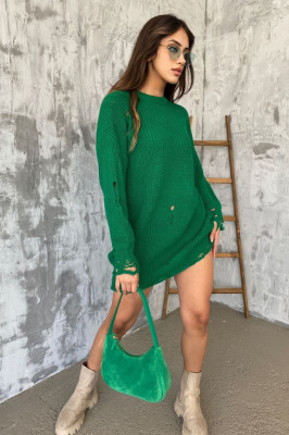 Pulover lung tricotat Laura, cu decupaje in material, Verde