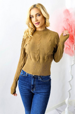 Pulover scurt tricotat Cozy Ode, cu model simetric, Bej, Marime S/M 3