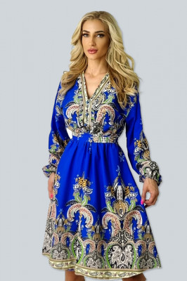 Rochie baby doll Esmeray, cu maneci bufante si imprimeu in stil baroc, Albastru  