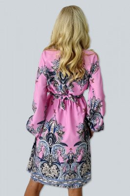 Rochie baby doll Esmeray, cu maneci bufante si imprimeu in stil baroc, Roz deschis3