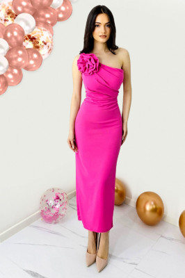 Rochie bandage de seara, ILona, cu detaliu floral detasabil, Fucsia, Marime S/M