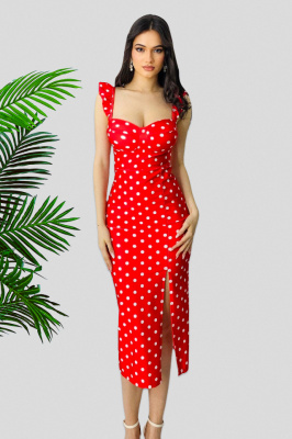Rochie bodycon Ditsy, slit adanc si imprimeu cu buline, Rosu, Marime S/M