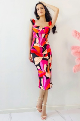 Rochie bodycon Ditsy, sliț adanc si imprimeu floral, Negru/Fucsia, Marime S/M 4