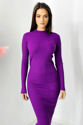 Rochie bodycon Livea, din tricot rib cu lungime medie, Mov electric 2