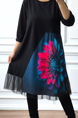 Rochie bumbac Arty Fiora, cu tull si croi oversize, Mystic Flower, Marime S/M/L
