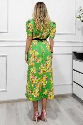 Rochie cu buzunare SOREYA, cu maneca bufanta si curea in ton, Verde Floral, Marimea oversize verso