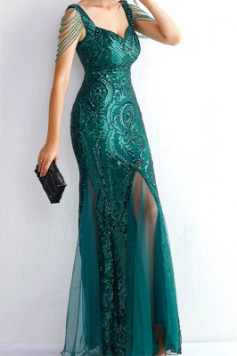 Rochie de ocazie Isolde, cu detaliu din tull, slituri laterale, cristale si imprimeu royal1