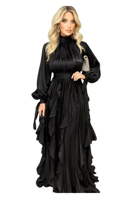 Rochie lunga de ocazie Marivelle, cu volane si trena, Negru, Marime S/M