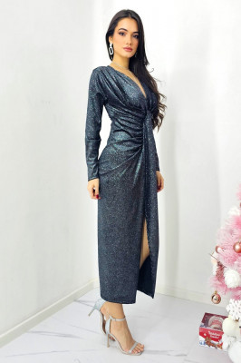Rochie de ocazie Odette, cu crapatura medie si decolteu adanc, Gri, Marime M/L 2
