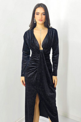 Rochie de ocazie Odette, cu crapatura medie si decolteu adanc, Negru, Marime M/L 1