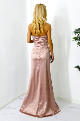Rochie de ocazie Zaida, cu pliuri, crapatura ampla si trena, Roz pudrat, Marime S/M3