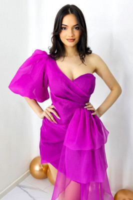 Rochie de seara Dayana, cu maneca bufanta si detaliu din organza, Mov 1