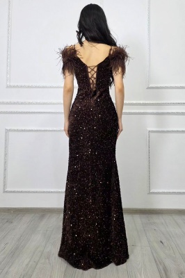 rochie ciocolata lunga eleganta cu paiete si spate decupat