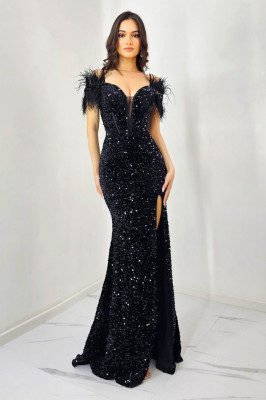 Rochie de seara Lady Marry, croi tip sirena, cu paiete si pene, Negru, Marime universala si batal 1