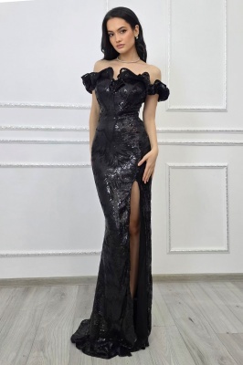 Rochie de seara Velary, croială sirenă cu linie couture si paiete, NEGRU