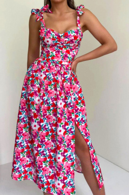 Rochie de vara Masha, cu bumbac bistrech si imprimeu floral, Red Petunia, Marime S/M 3