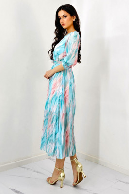 Rochie de zi Fatima, croiala plisata si imprimeu pastelat, Turquoise, Marime S/M lateral