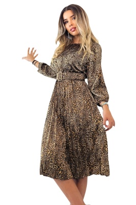 Rochie de zi plisata LUSINDA, cu animal print si curea, Leopard, Marime S/M 5