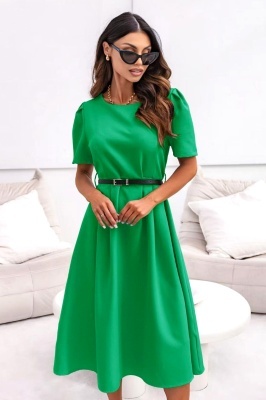 Rochie de zi ZALIA, cu maneca bufanta si curea subtire, Verde, Marimea S/M