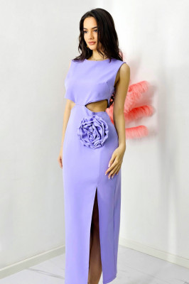 Rochie decupata Florys, croi lung cu slit si detaliu floral detasabil, Lila, Marime M/L 3