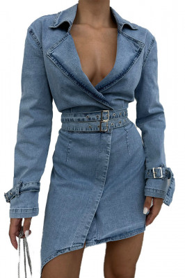 Rochie denim MEDDA, cu lungime asimetrica si curele, Albastru 4