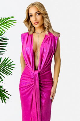 Rochie eleganta Ilaria, croiala cu fronseuri si decolteu adanc, Roz metalizat, Marime S/M detaliu
